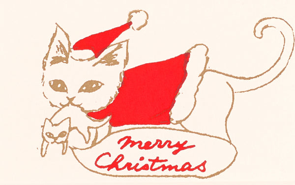 Silk Screen Printed Mini Christmas Card, Merry Christmas Cat