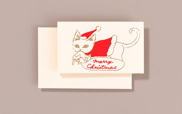 Silk Screen Printed Mini Christmas Card, Merry Christmas Cat