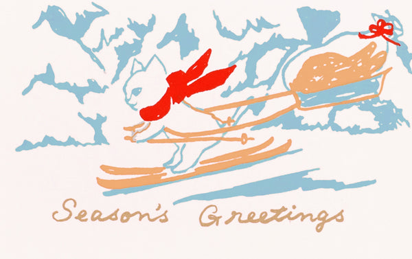 Silk Screen Printed Christmas Card, Skiing Cat