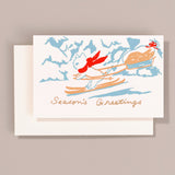 Silk Screen Printed Christmas Card, Skiing Cat