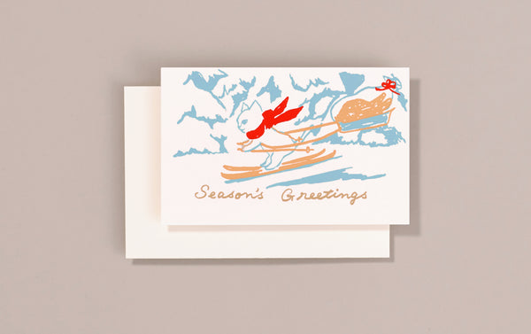 Silk Screen Printed Christmas Card, Skiing Cat