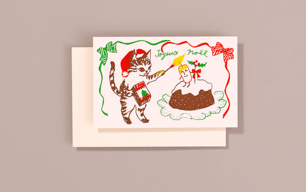 Silk Screen Printed Christmas Card, Cake and Cat