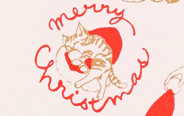 Silk Screen Printed Christmas Card, Cats and Hats