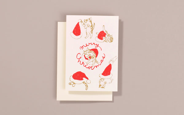 Silk Screen Printed Christmas Card, Cats and Hats