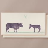 Woodblock Printed Winter Scene Card, Bull and Donkey