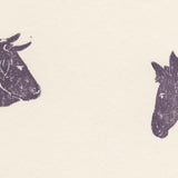 Woodblock Printed Winter Scene Card, Bull and Donkey