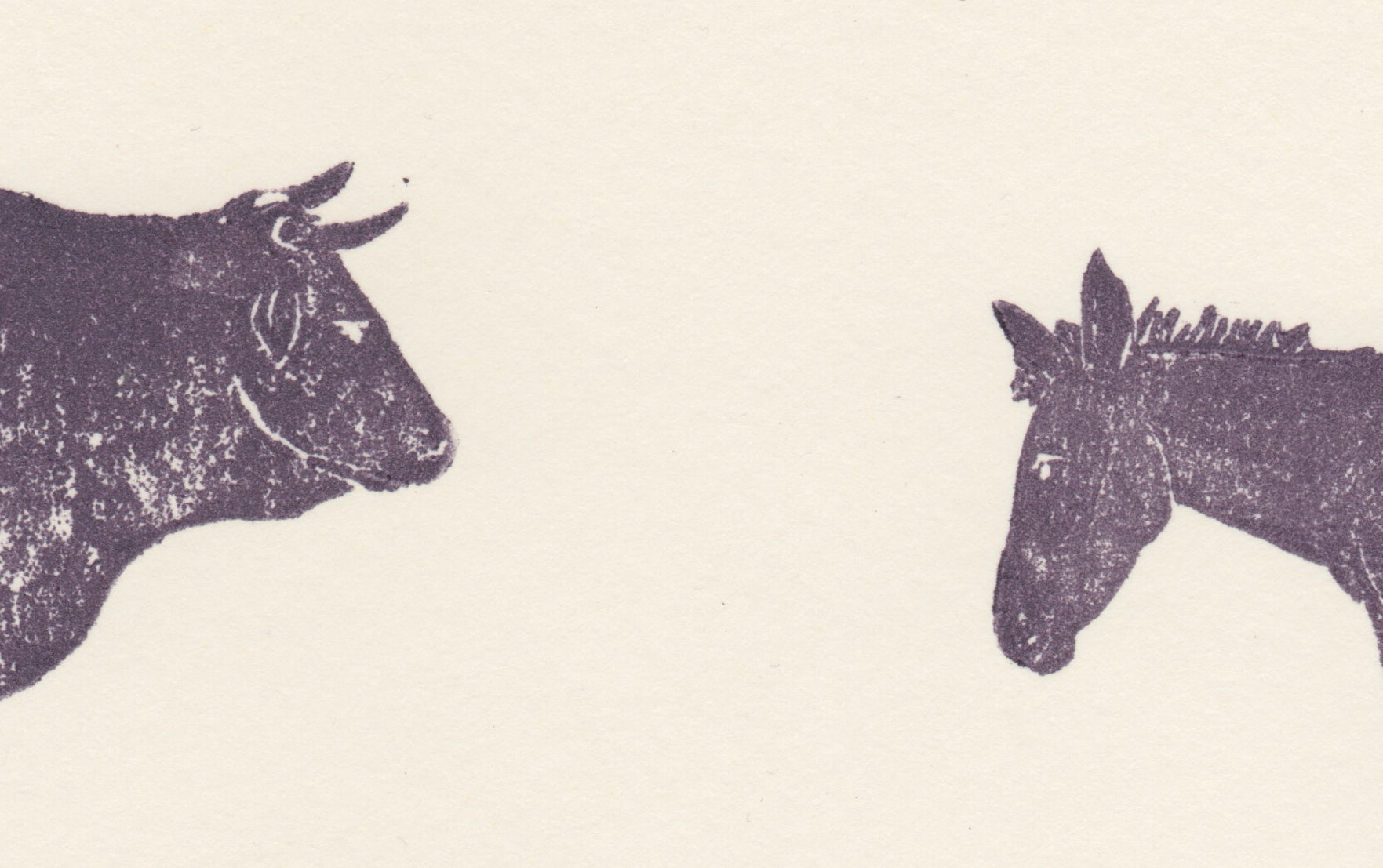 Woodblock Printed Winter Scene Card, Bull and Donkey