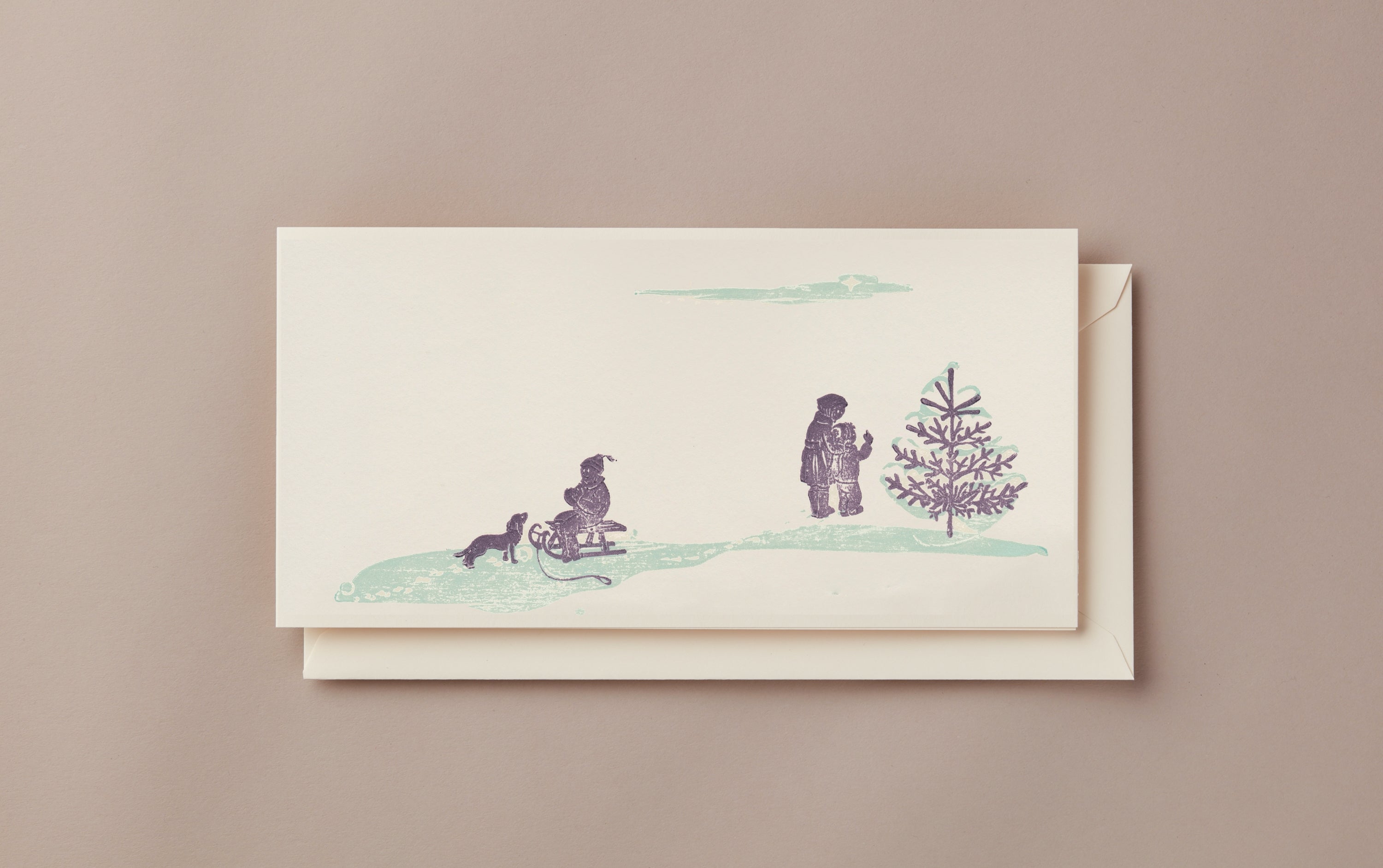 Woodblock Printed Winter Scene Card, Day Out