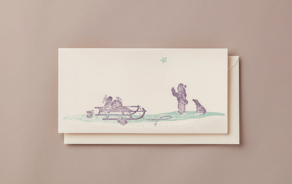 Woodblock Printed Winter Scene Card, Children and North Star