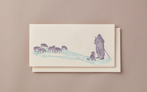 Woodblock Printed Winter Scene Card, shepherd