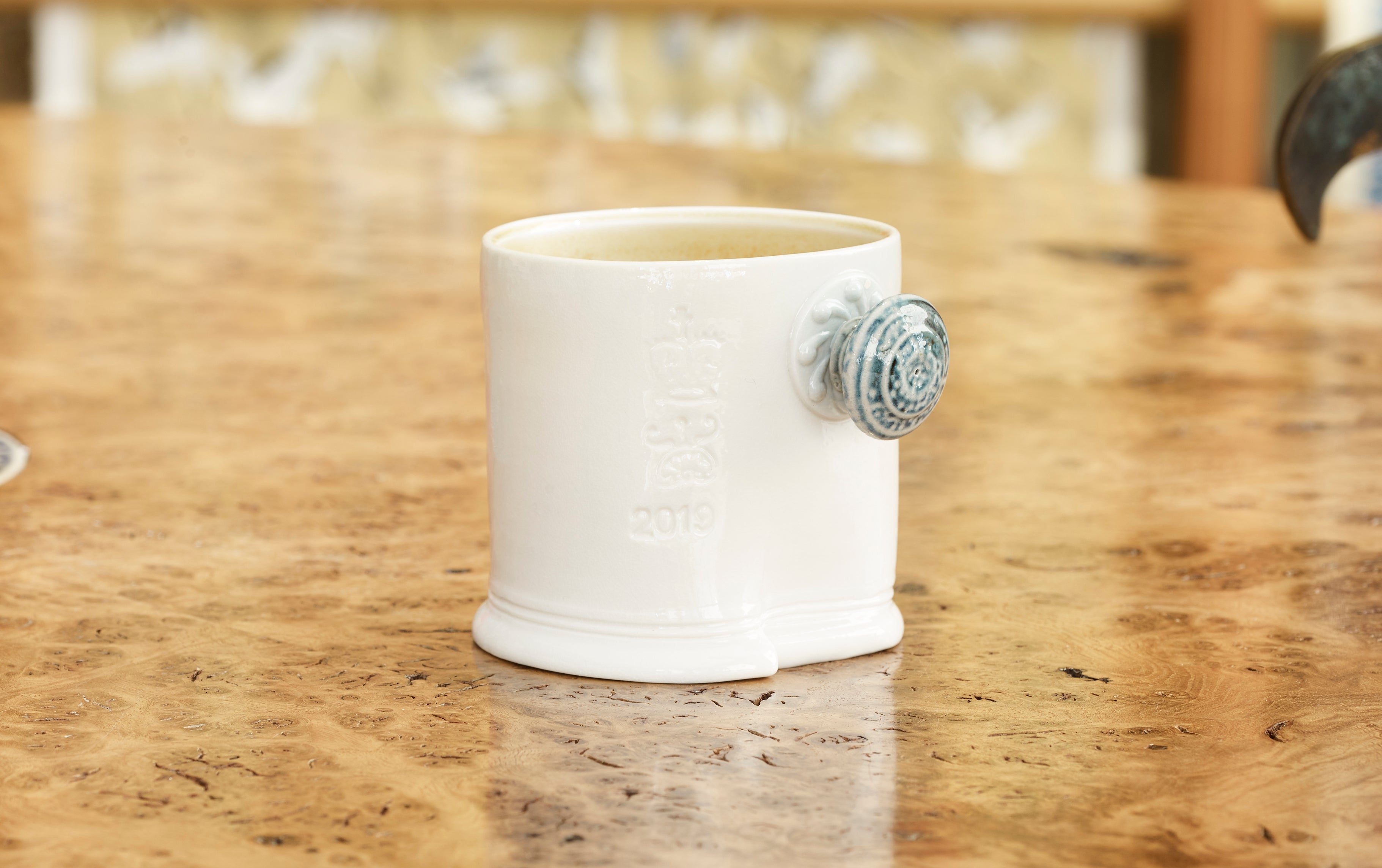 Steve Harrison Ceramic Desk Cup, No.110 White porcelain with blue knob