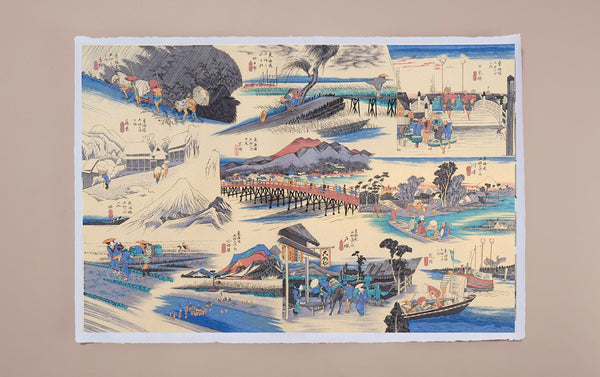 Full-Panel Chiyogami Silk Screen Print, 53 Stations of the Tōkaidō after Hiroshige