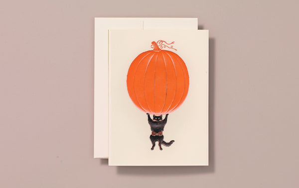 Bodybuilder Puss and Pumpkin Halloween Greeting Card