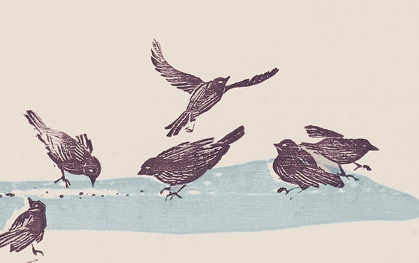 Woodblock Printed Winter Scene Card, Birds