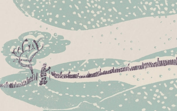 Woodblock Printed Winter Snow Fall Scene Card