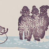 Woodblock Printed Winter Scene Card, Sleigh and Children
