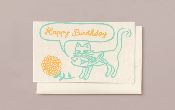 Silk Screen Printed Mini Greeting Card, Birthday Cat