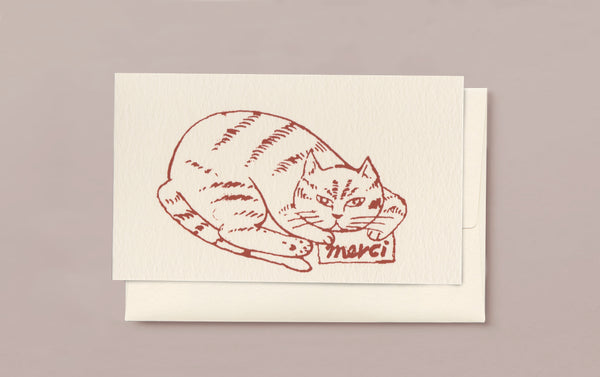 Silk Screen Printed Mini Greeting Card, Merci Cat