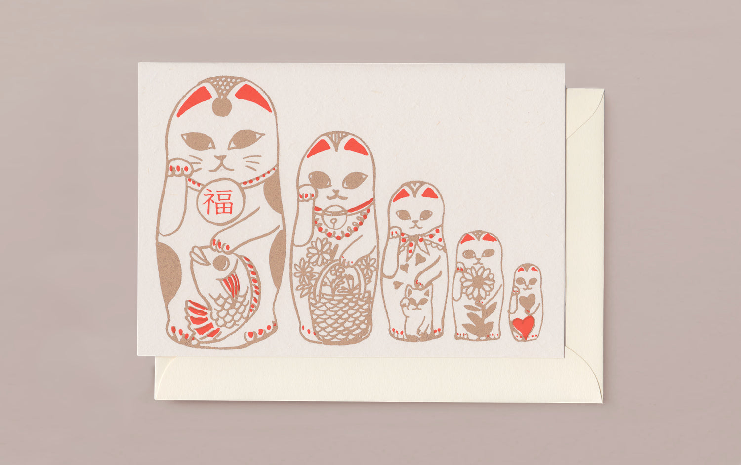 Silk Screen Printed Greeting Card, Manaki-neko