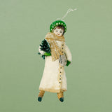 Christmas Ornament, Spun Cotton Girl with Scarf and Newspaper