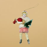 Christmas Ornament, Spun Cotton Girl with Mushroom and Tree