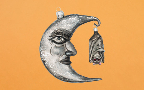 Christmas Ornament, Silver Moon With Bat