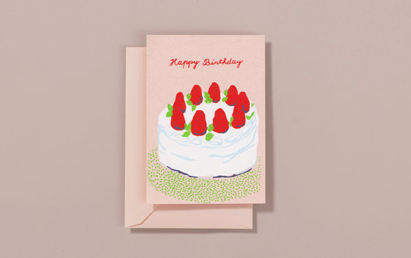 Strawberry Birthday Cake Silk Screen Printed Postcard