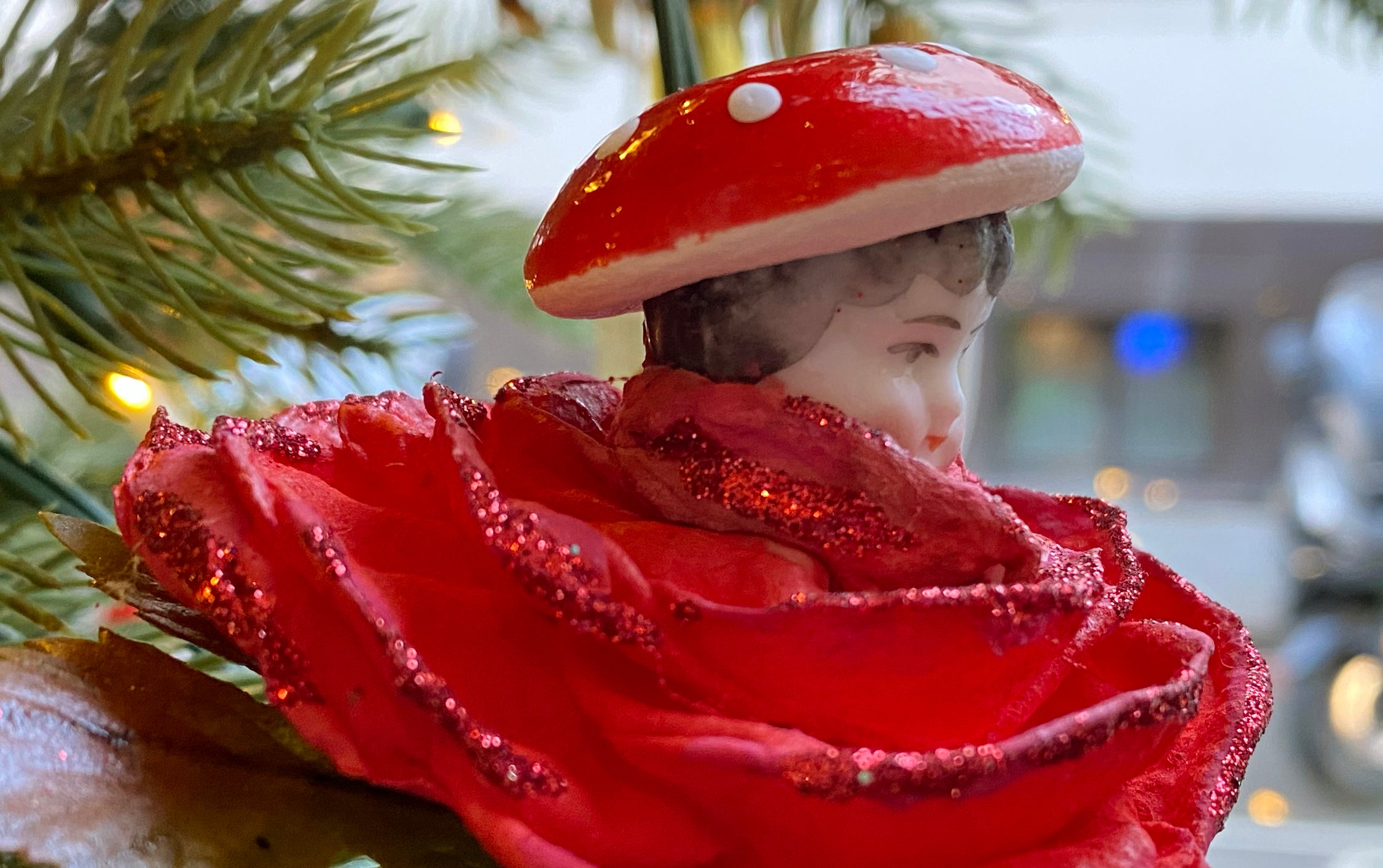 Christmas Ornament, Spun Cotton Mushroom Girl Out of Rose Bud