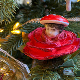 Christmas Ornament, Spun Cotton Mushroom Girl Out of Rose Bud