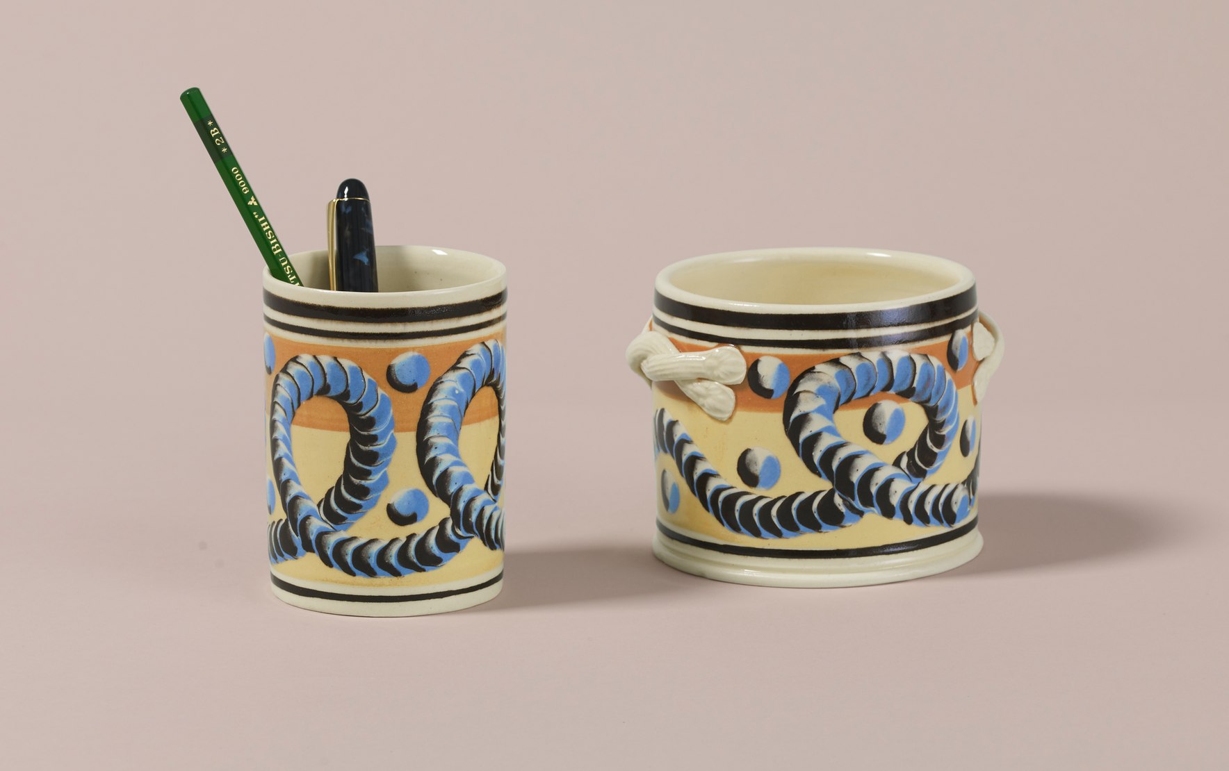 Dual-Tone Persimmon & Yellow Mochaware Ceramic Pen Pot, 'Earthworm'