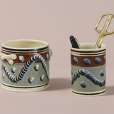 Dual-Tone Brown & Duck Egg Mochaware Ceramic Pen Pot, 'Earthworm'
