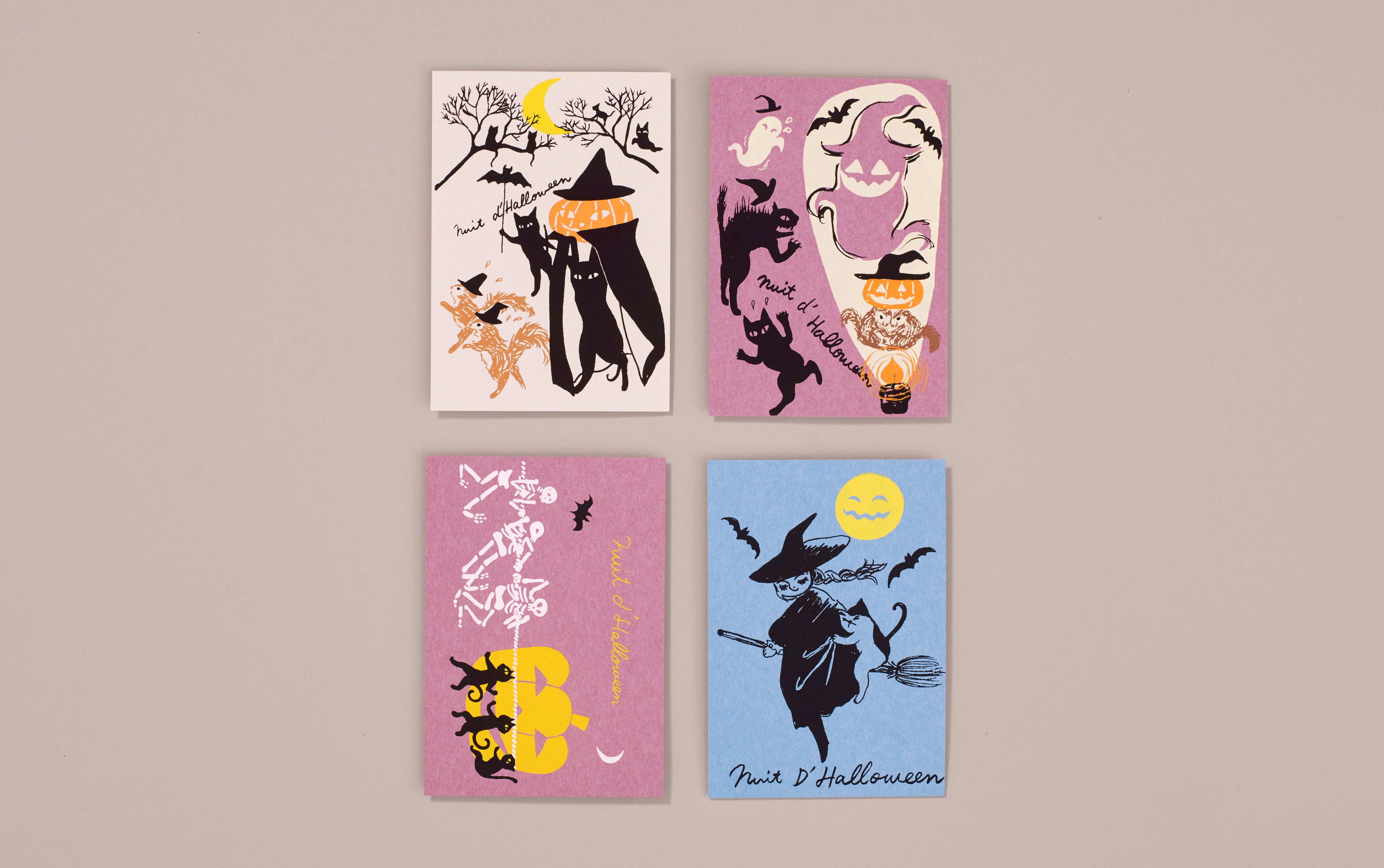 Set of 4 Silk Screen Printed Halloween Postcards