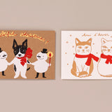 Set of 2 Silk Screen Printed Christmas Postcards, Cats and Dogs