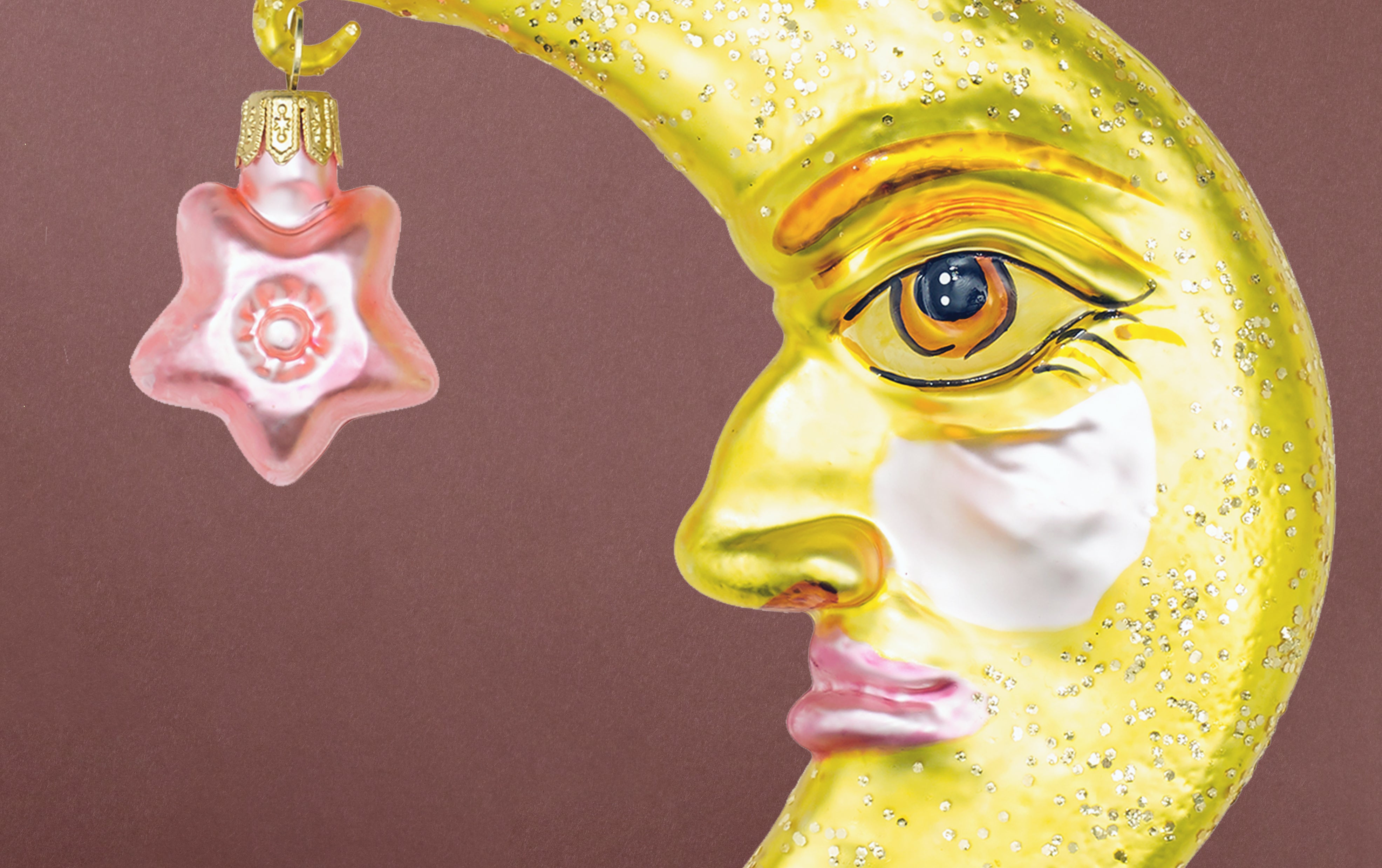 Christmas Ornament, Yellow Moon with Pink Star