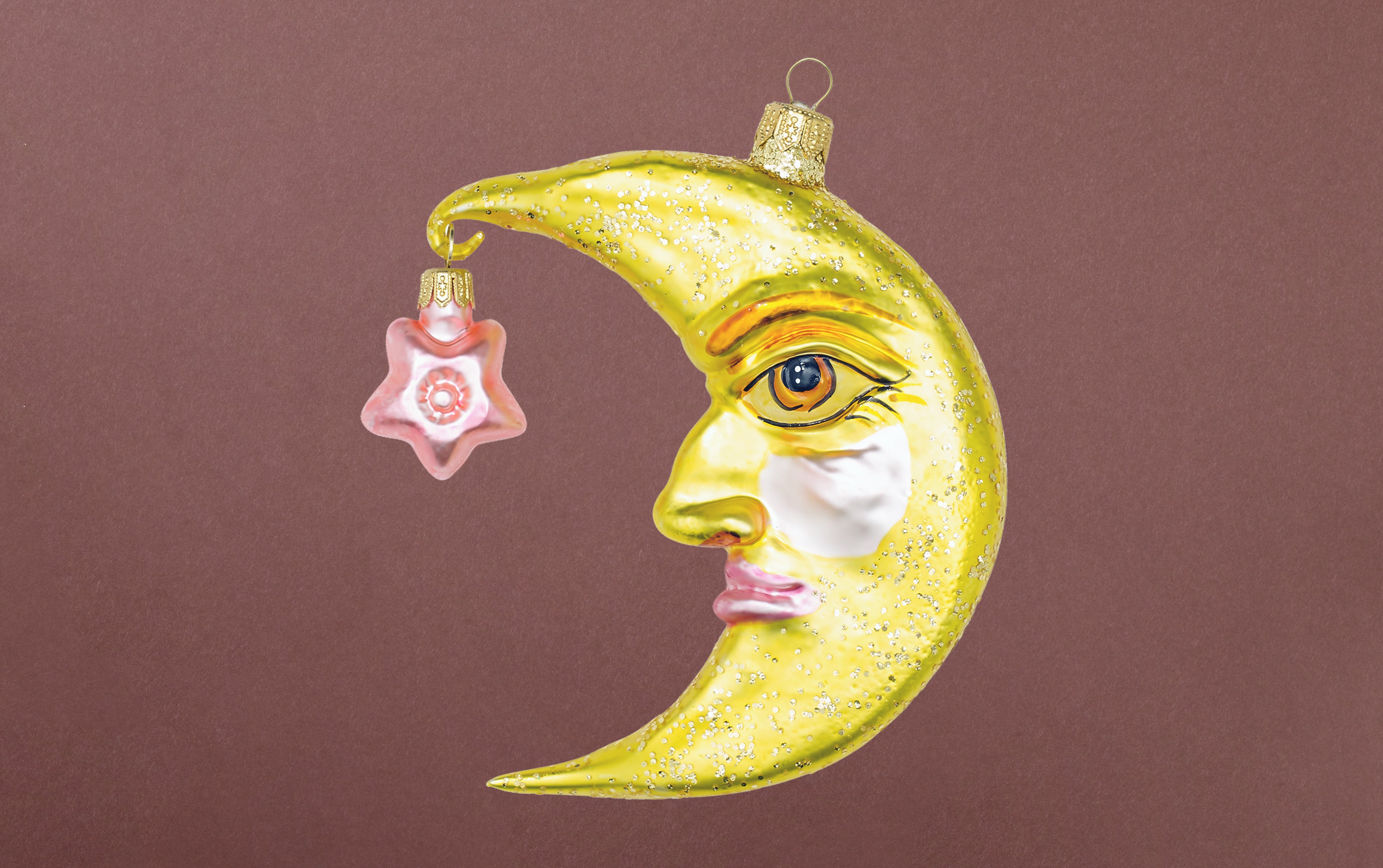 Christmas Ornament, Yellow Moon with Pink Star