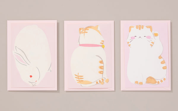 Japanese Screen Printed Cat & Rabbit Postcard Set