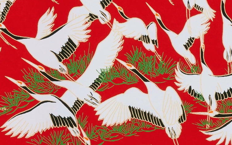 Full-Panel Chiyogami Silk Screen Print, Red Cranes