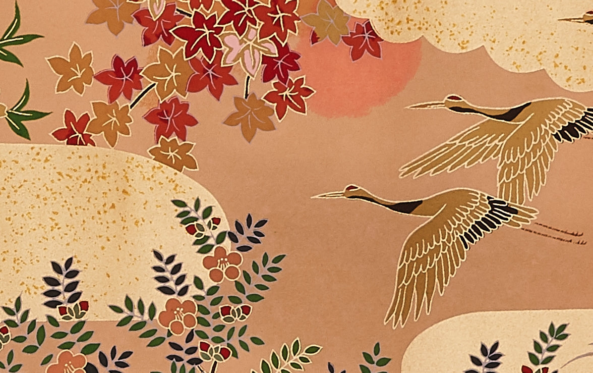Full-Panel Chiyogami Silk Screen Print, Gold Peacock