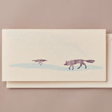 Woodblock Printed Winter Scene Card, Crow and Fox