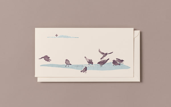 Woodblock Printed Winter Scene Card, Birds