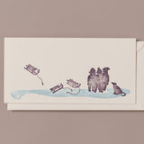 Woodblock Printed Winter Scene Card, Sleigh and Children