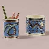 Blue Mochaware Ceramic Pen Pot, 'Earth Worm'