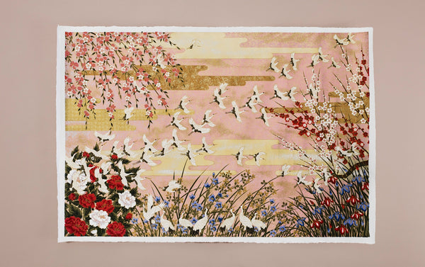 Full-Panel Chiyogami Silk Screen Print, Pink Cranes