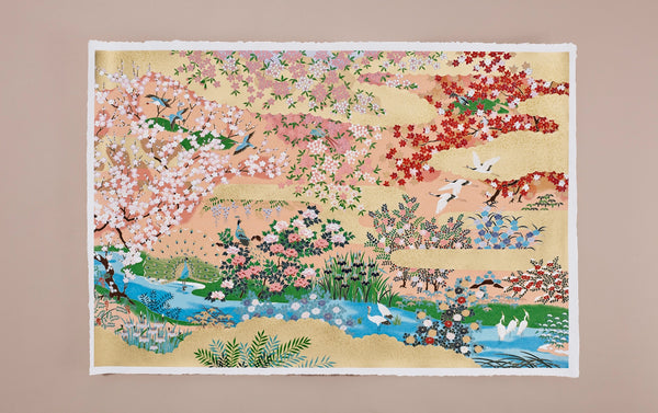 Full-Panel Chiyogami Silk Screen Print, Peacock