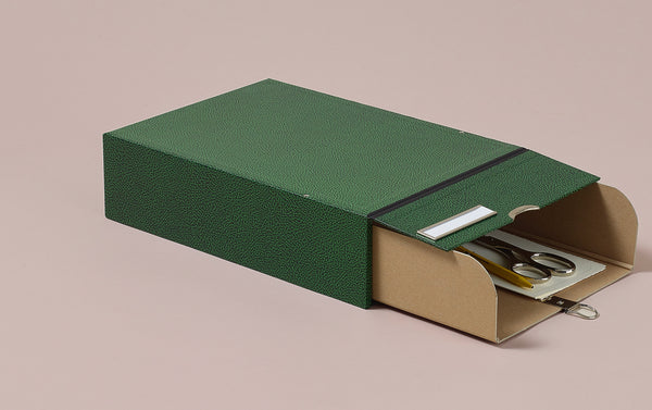 Hardback archival box with drawer and chrome label holder, mottled green