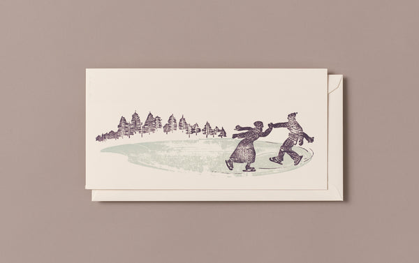Woodblock Printed Winter Scene Card, Skaters