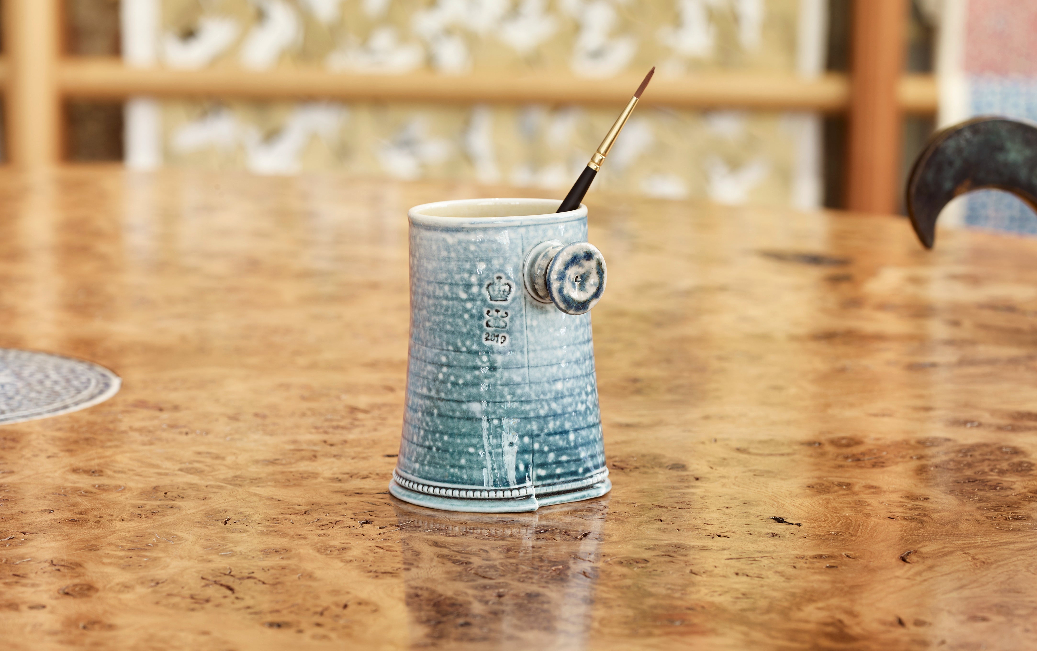 Steve Harrison Ceramic Desk Cup, No.108 Blue Porcelain with Side Knob