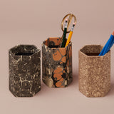 Hexagonal Marbled Pen Pot, Black Patterns