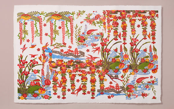 Full-Panel Chiyogami Silk Screen Print, White Islands